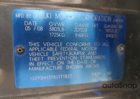 2008 Suzuki Sx4 Base из США, поврежденный, VIN JS2YB413185111822